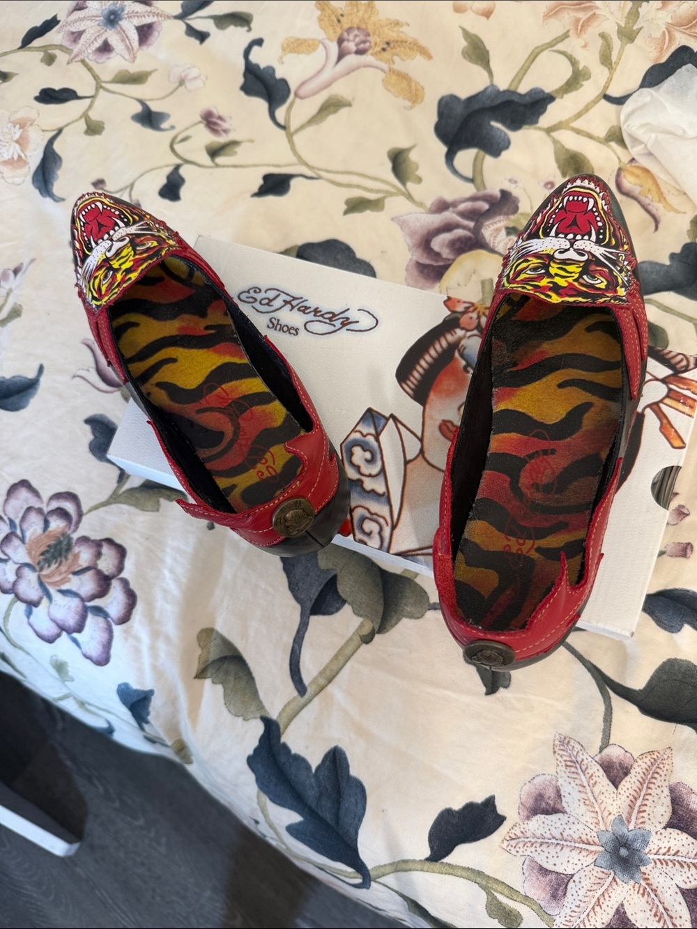 Ed Hardy vintage sought after Red Slip-On Flats with Tiger Face Embroidery